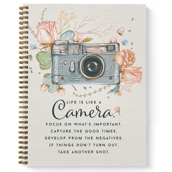 Softcover Camera 8.5" x 11" Motivational Spiral Notebook/Journal, 120 College Ruled Pages, Durable Gloss Laminated Cover, Gold Wire-o Spiral. Made in the USA
