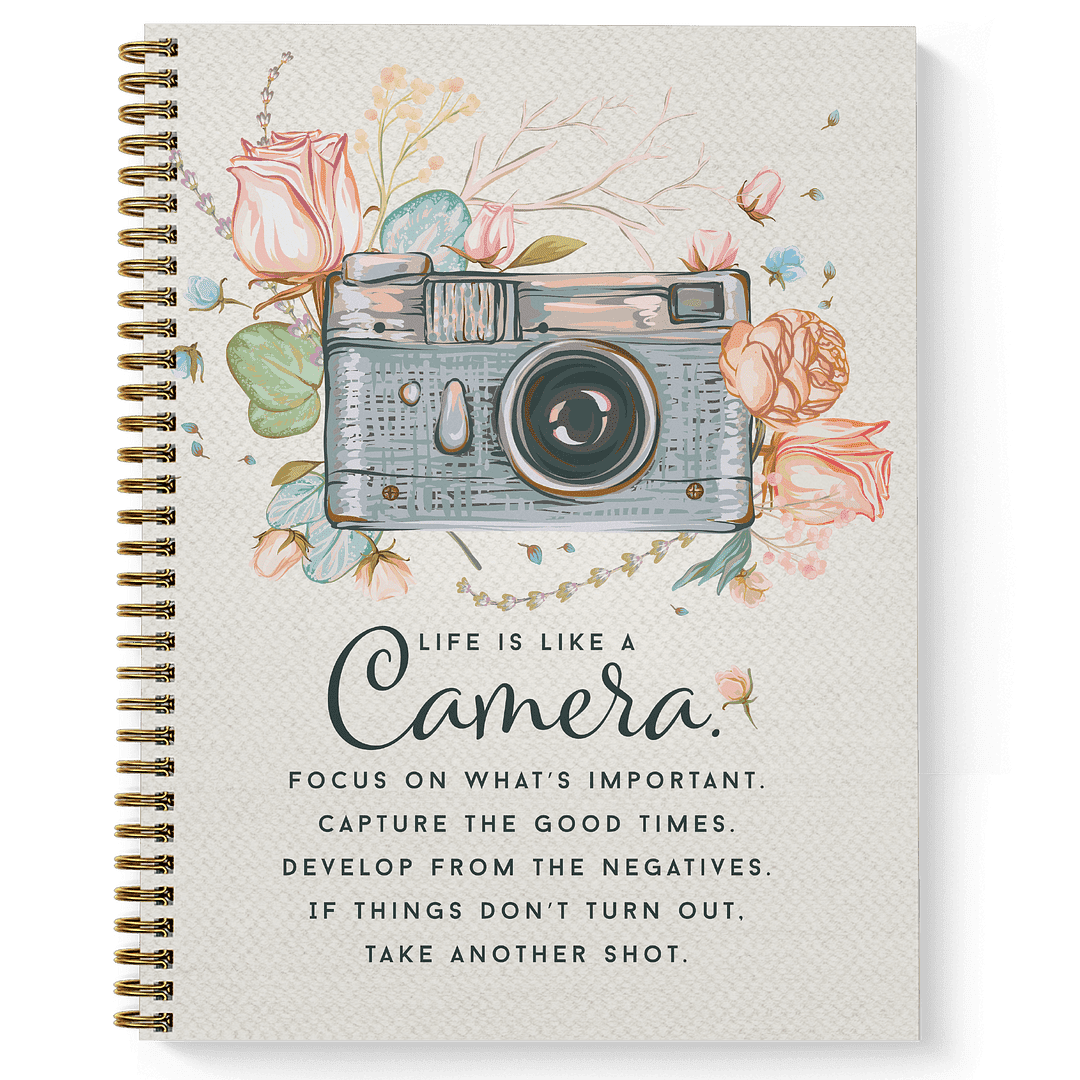 Softcover Camera 8.5" x 11" Motivational Spiral Notebook/Journal, 120 College Ruled Pages, Durable Gloss Laminated Cover, Gold Wire-o Spiral. Made in the USA
