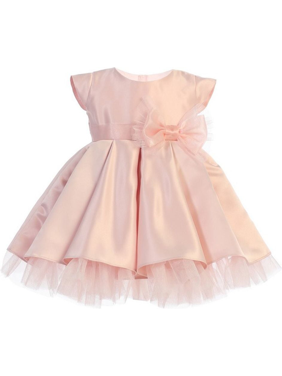 Baby Girls Pink Full Pleated Satin Bow Flower Girl Dress