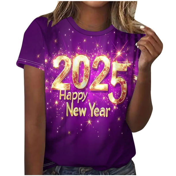 Camisetas Casuales de Mujer Año Nuevo Impreso Suéter de Manga Corta Cuello Redondo, Top de Moda para el Uso Diario