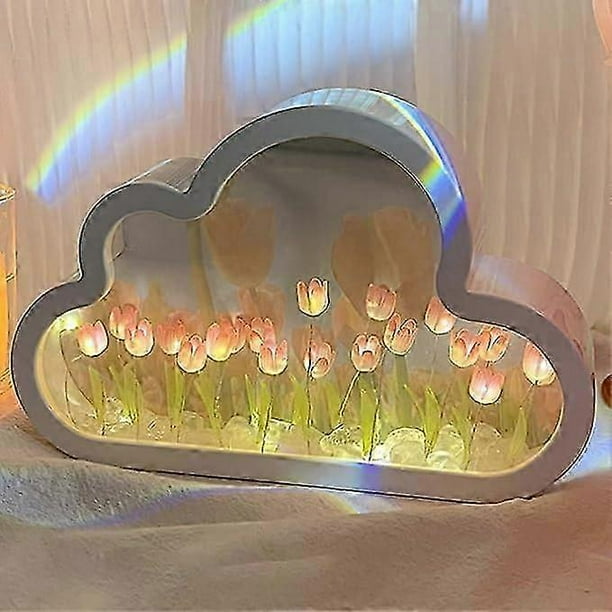 Cloud Tulip Lamp, DIY Cloud Tulip Mirror Night Light Simulation Flower Bedroom Sleeping Table Lamp Bedside Desktop Ornaments for Teen Girls