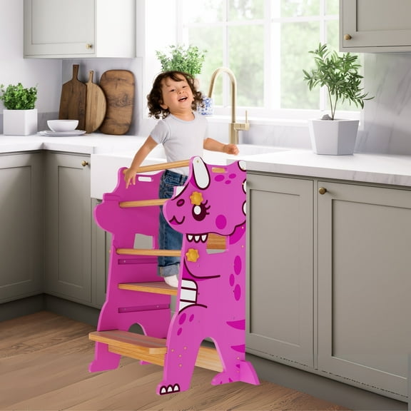 Toddler Tower Adjustable Height Trike Dino Step Stool – Kids Kitchen & Bathroom Helper