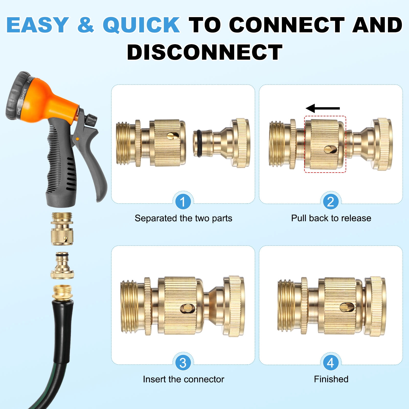 4 Sets Garden Hose Quick-Connect, 3/4 Inch GHT Solid Brass Water Hose Fitting