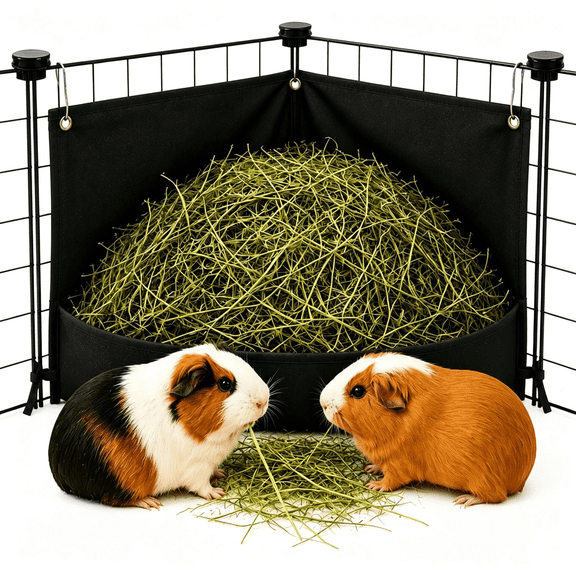 BPPEG Corner Hay Feeder for Guinea Pigs and Rabbits, Waterproof Cage-Mounted Hay Holder Bag for C&C Grid Panels, Triangle Hay Trough for Bunny and Chinchilla, Black7132-1