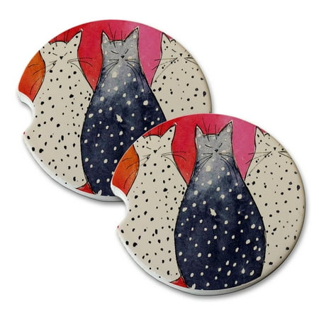 KuzmarK Sandstone Car Drink Coaster (set of 2) - Dotted Swiss Polka-Dot Kitties Abstract Cat Art by Denise