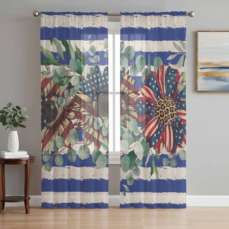 4th of July Sheer Curtains 84 Inch Length 2 Panels Set Blue Striped Independence Day Star Botanical Voile Window Treatment Rod Pocket Curtains Sheers Drapes for Bedroom/Living Room/Kitchen 52 x84 x2