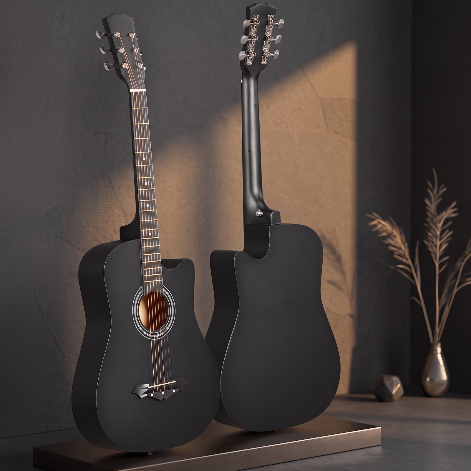 38in Acoustic Guitar with Picks, Strings, Capo, Case, Tuner, and Strap - Matte Black