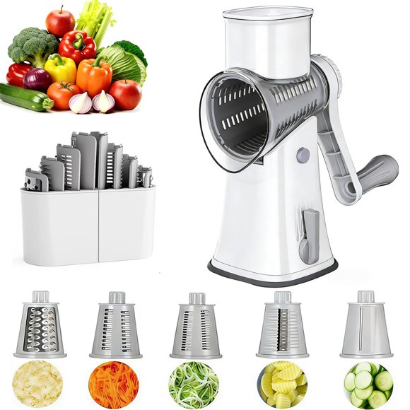 Rallador de Verduras, 5 en 1 Rallador Rotativo de Queso y Verduras, Picadora de Verduras, Cortador y Rebanador de Acero Inoxidable con Tambor Giratorio para Cocina, Ideal para Frutas, Nueces, y M&