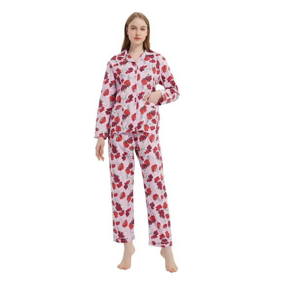 GLOBAL Conjuntos de Pijamas de Algodón para Mujer, Ropa de Dormir de Manga Larga con Botones, Ropa de Dormir Cómoda, Conjunto de Pijama Suave, Flor Roja Rosa L