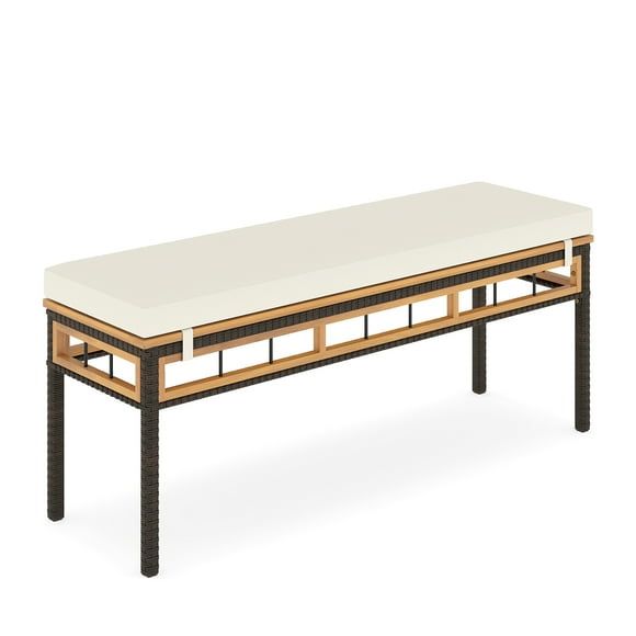 Gymax 48'' Wicker Patio Bench w/Acacia Wood Seat Removable Padded Cushion for Garden White Outdoor