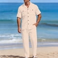 thumbnail image 2 of Men’s 2 Piece 100% Cotton Linen Outfit Summer Beach Short Sleeve Button Down Work Shirt and Pants Set Khaki, 2 of 8