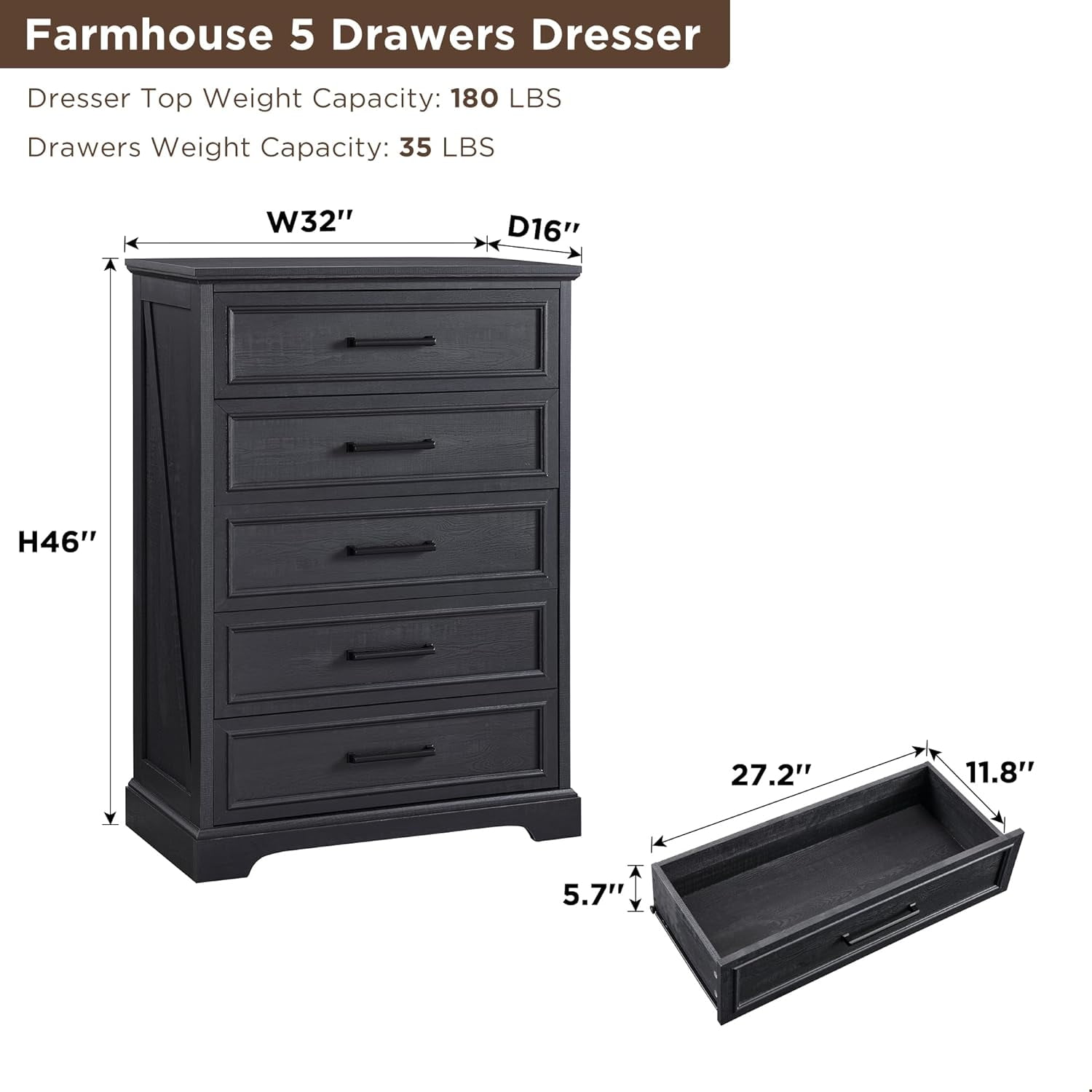 ACCOHOHO 5-Tier Storage Dressers, Wood Rustic Chest of Drawers for Bedroom Living Room, Black