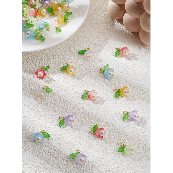 60Pcs Glass Flower Charms Acrylic Glass Floral Earring Pendants Flower Bracelet Charms for DIY Craft Necklace Keychain Colorful