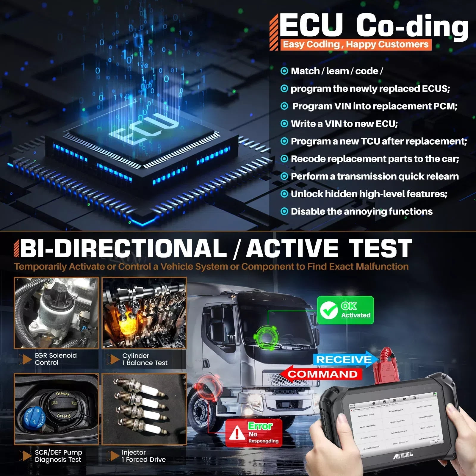 ANCEL Diesel Heavy Duty Truck Scanner, Bidirectional Truck Diagnostic Scan Tool OBD2 Scanner, Full System Car Code Reader with 40+ Resets, ABS SRS DPF Regen, ECU Reset for Truck & Commercial Vehicle