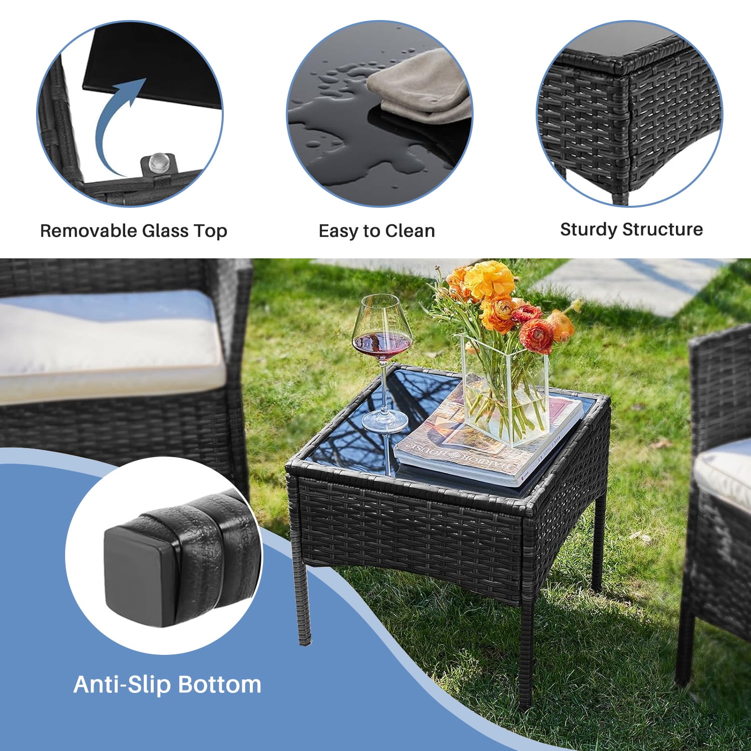 Simenmax Patio Furniture Set 4 Pieces, Outdoor Wicker Furniture with Coffee Table, Modern Rattan Patio Chairs Conversation Sets with Sofa for Garden, Terrace, Porch, Balconies, Lawns,Black