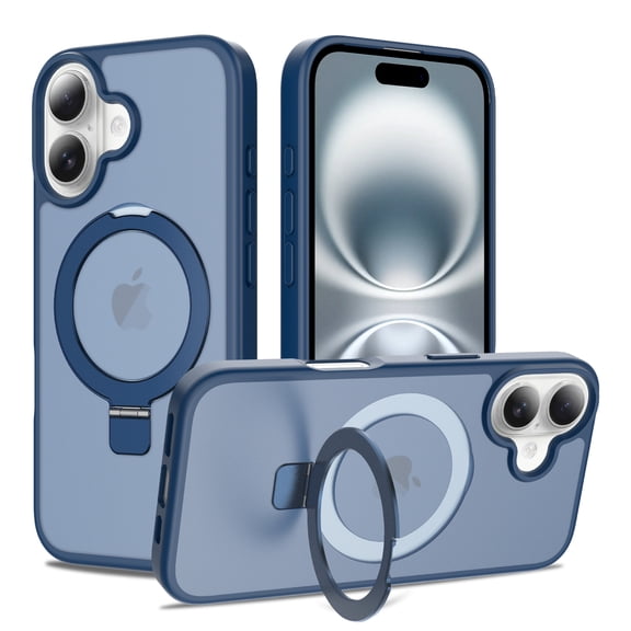 Dteck Magnetic Case for iPhone 16 Plus,Shockproof Matte Translucent PC Case Compatible with Mag Safe Ring Holder Kickstand Silicone Bumper Cover for iPhone 16 Plus,Blue