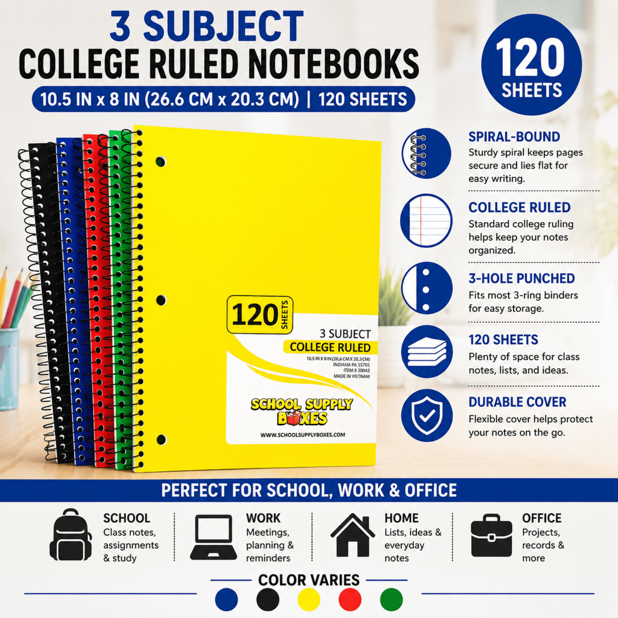 School Supply Boxes | (Color Varies - Blue, Black, Yellow, Red, or Green) College-Ruled 3 Subject Notebooks | 24 Pack | 10.5 IN x 8 IN (120 Sheets) Notebooks for School, Work & Office