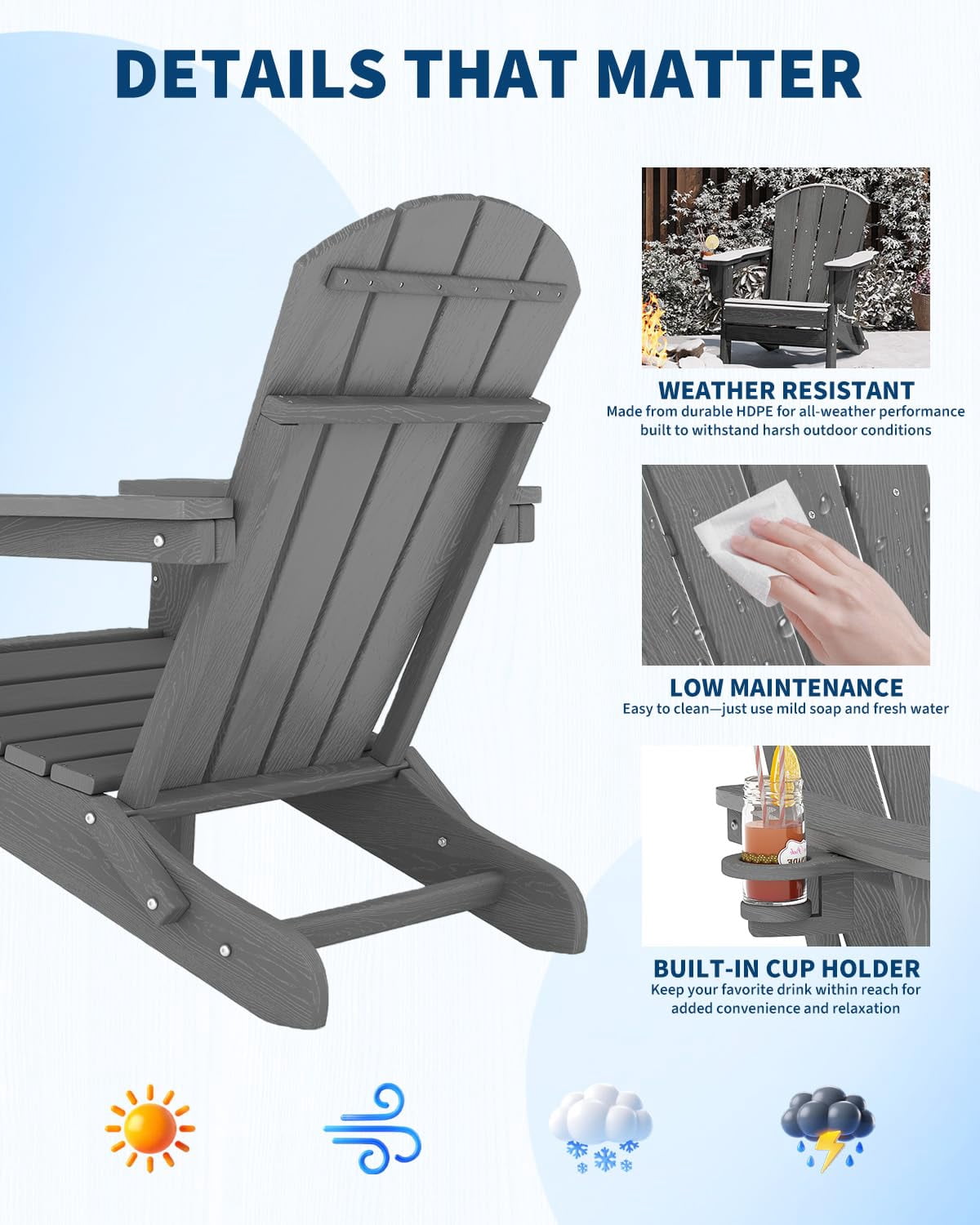 Danolapsi Folding Adirondack Chair, HDPE Outdoor Patio Chair with Cup Holder, All-Weather Wooden Textured Resistant for Backyard, Lawn, Garden, Fire Pit,Easy Assembly