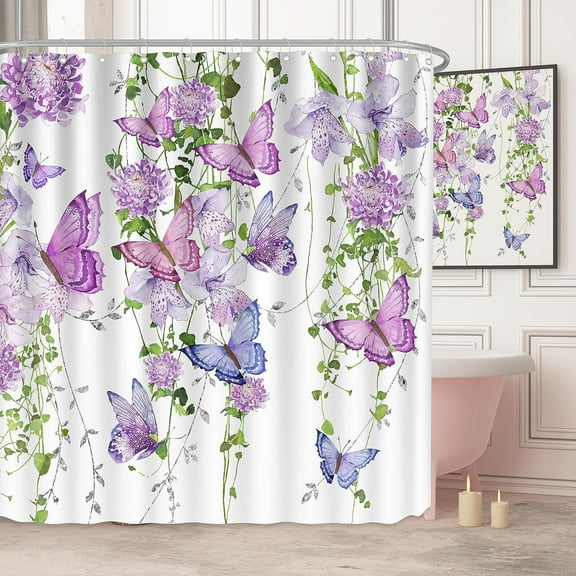 Purple Shower Curtain Butterfly Shower Curtains for Bathroom, Summer Shower Curtain Lavender Lilac Pink Floral Shower Curtain with 12 Hooks, Machine Washable Waterproof Fabric, 72X72 Inches