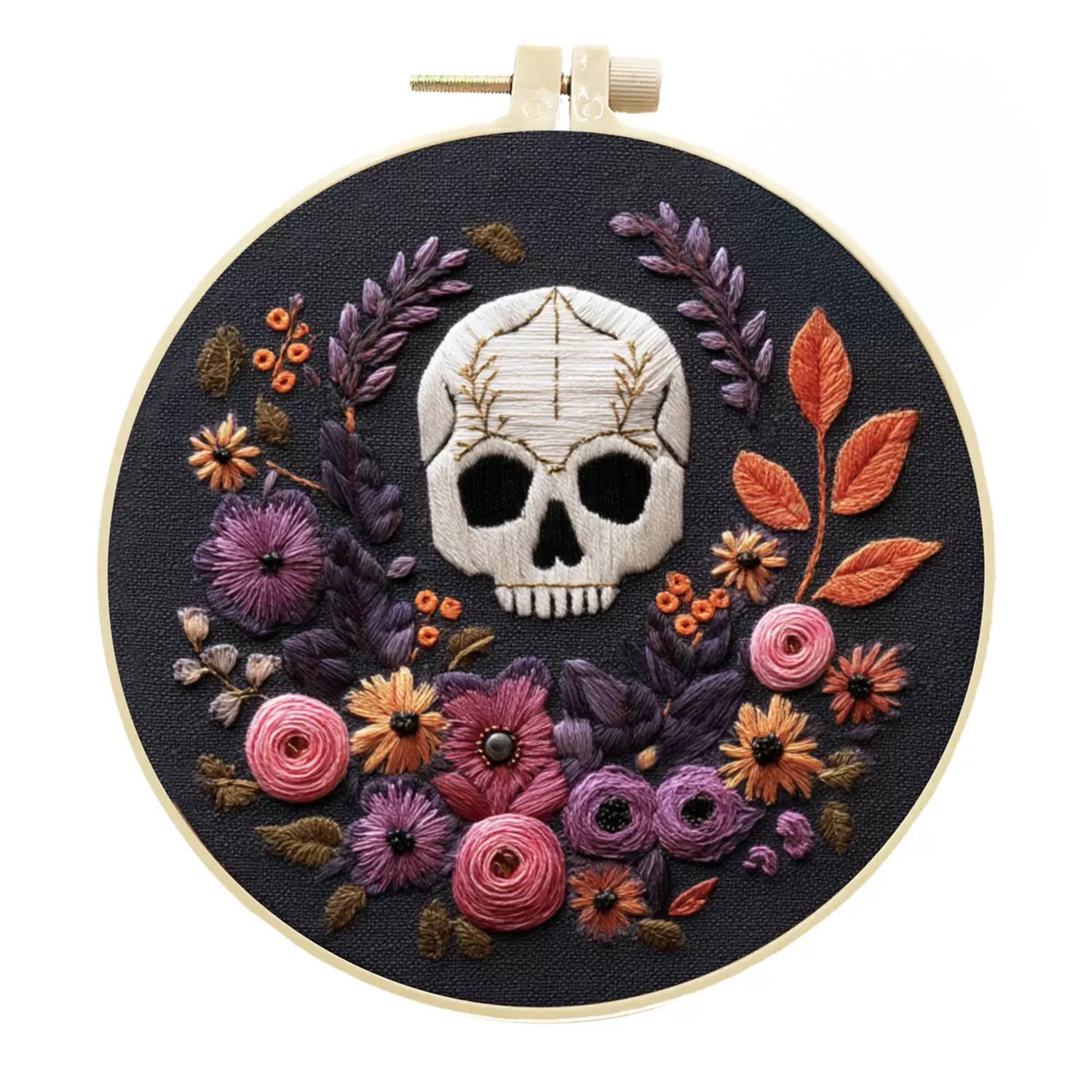 5‑Pack Mexican Floral Skull Embroidery Kits DIY Cross Stitch Set for Beginners Includes Hoops Threads Patterns Gift for Room Decor Tote or Apparel