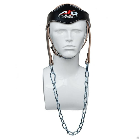 ARD CHAMPS? Gym Weight Lifting Neck Strength Harness Strap with Chain M/O Natural Leather Black