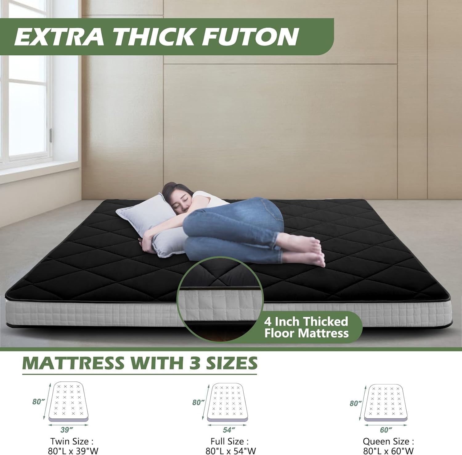 ABORON Futon Mattress Twin Size 4" Thick Japanese Floor Mattress Folding Guest Mattress Protable Roll up Mattress Soft Memory Foam Tatami Mat Sleeping Pad for Bedroom Camping Tent