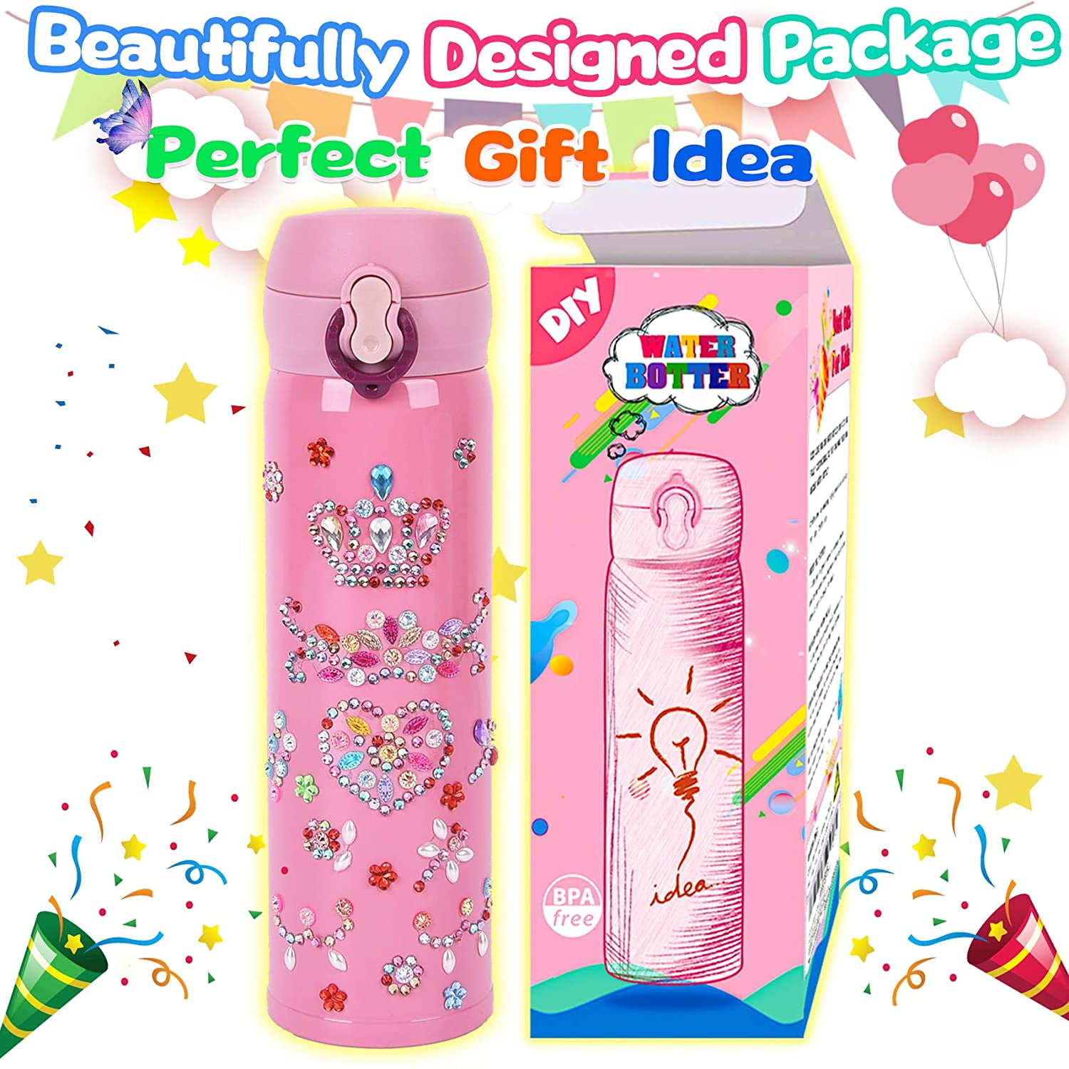  Decorate Your Own Water Bottle for Girls with Lots of Glitter  Gem Stickers - BPA Free, Fun DIY Arts and Crafts Activity ,Surprise Gifts  ,with a reusable Eco-Friendly Straw and Nail