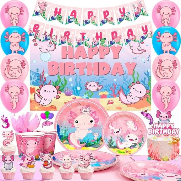 Axolotl Birthday Decorations Party Supplies,162pcs Axolotl Party Decorations&Axolotl Tableware Set- Axolotl Party Plates Napkins Tableclot Backdrop Balloons Banner