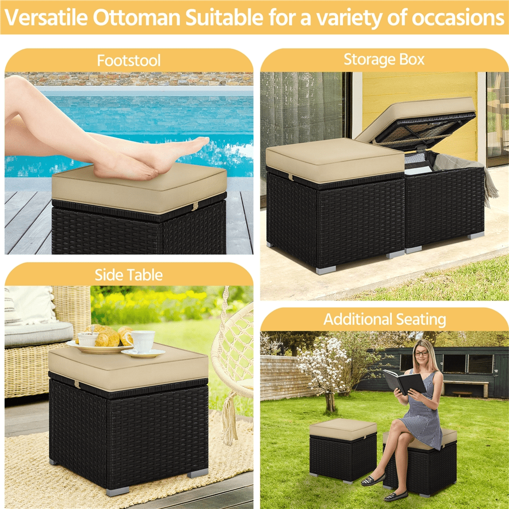 Renwick Wicker Patio Storage Ottomans with Cushions, Set of 2, Brown/Khaki