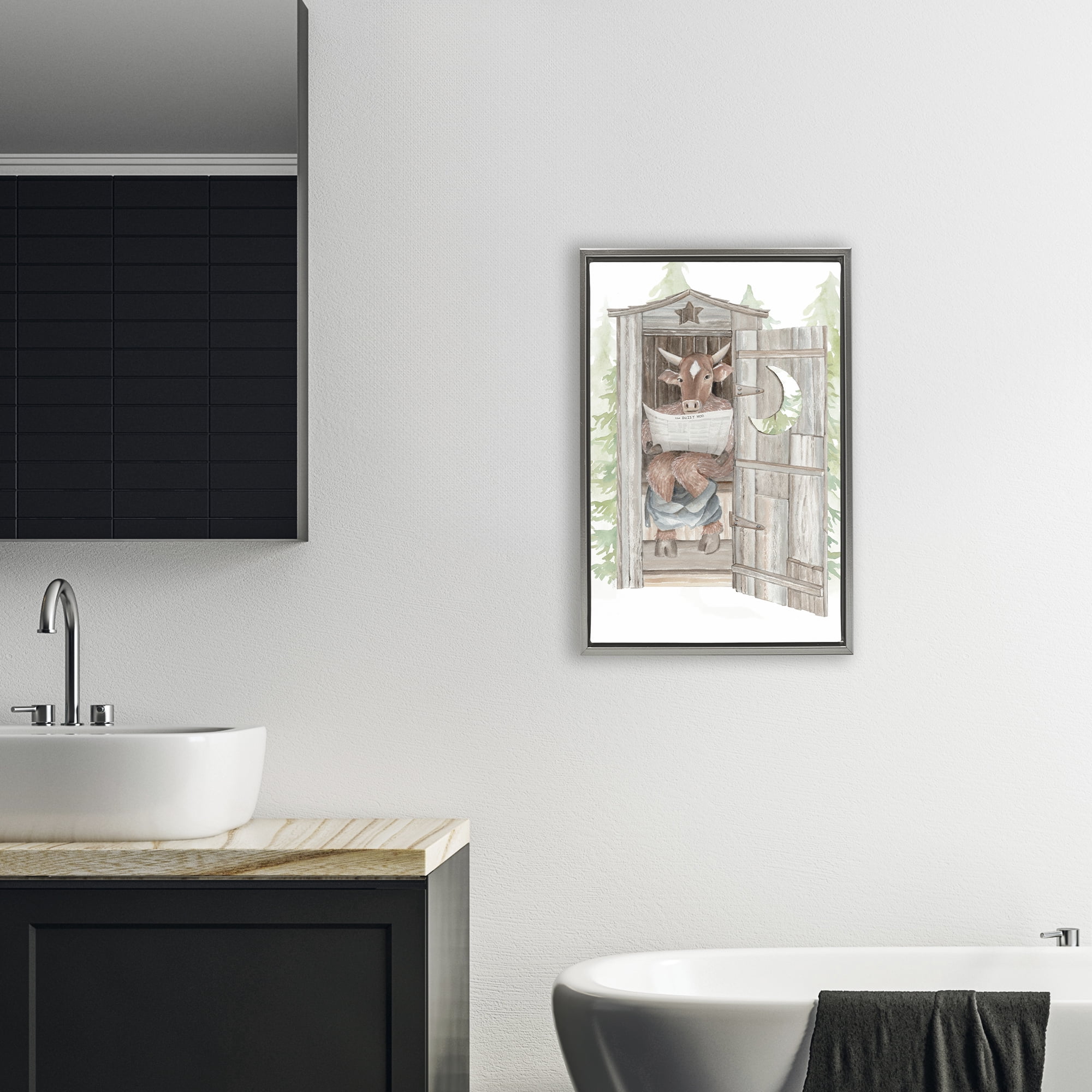 Stupell Industries Daily Moo Outhouse Reading Gray Framed Floater Canvas Wall Art, design by Cindy Jacobs