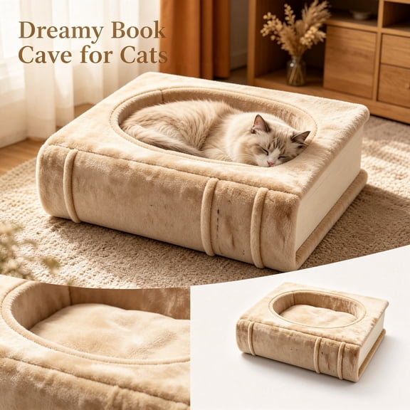 Creative Book-Style Cat Bed Plush Pet Furniture with Soft Removable Cushion Semi-Enclosed Sleeping House for Cats Small Dogs Home Decor