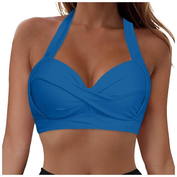 idosla Women Full Coverage Bikini Top Only Criss Cross Push Up Swim Crop Top Tie Back Bathing Suit (Blue, XXL)