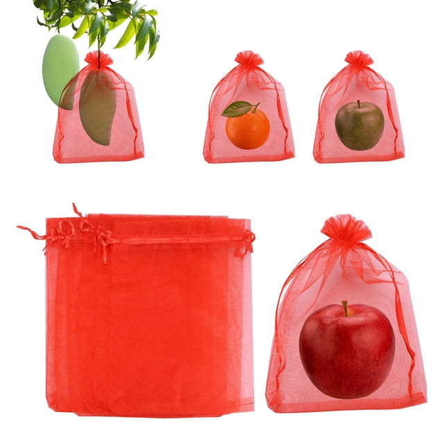 Uxcell 100 Pack Fruit Protection Bags - 6x8 Inch Fruit Netting Bags with Drawstring Apply to Plants(Red)