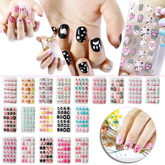 24Pcs Wearable Nails, Press on Nails for Girls, Full Cover Cute Pre-Glue Acrylic Fake Fingernails, Stick-on Fake Nails for Kids, NGTEVOOS Clearance Black of Friday Special Offers