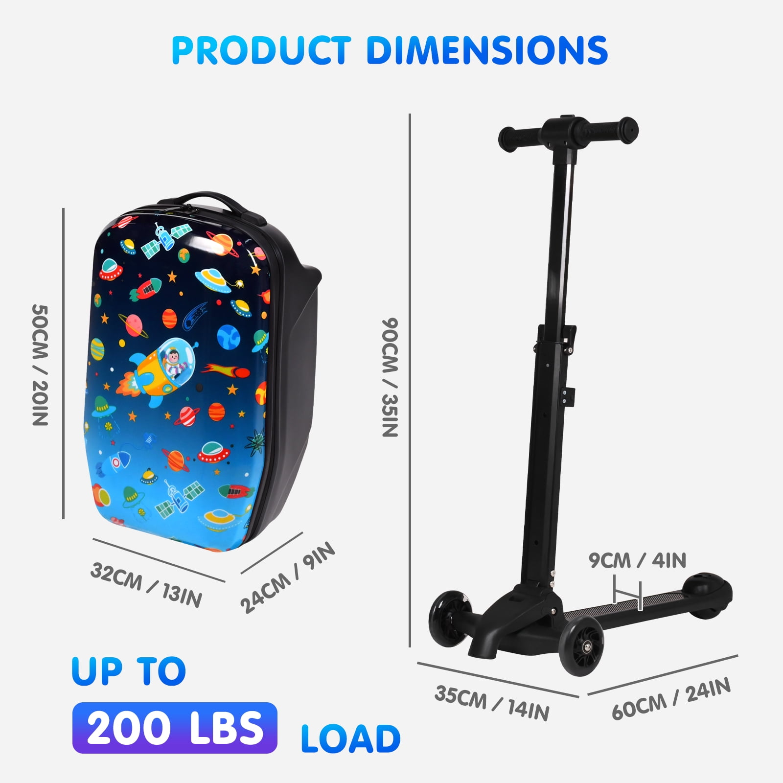 Advwin Kids Scooter Luggage with LED Wheels, 4-in-1 Detachable Foldable Ride-On Suitcase, Space-Themed Hardside Carry-On Travel Luggage, Convertible Backpack, Blue
