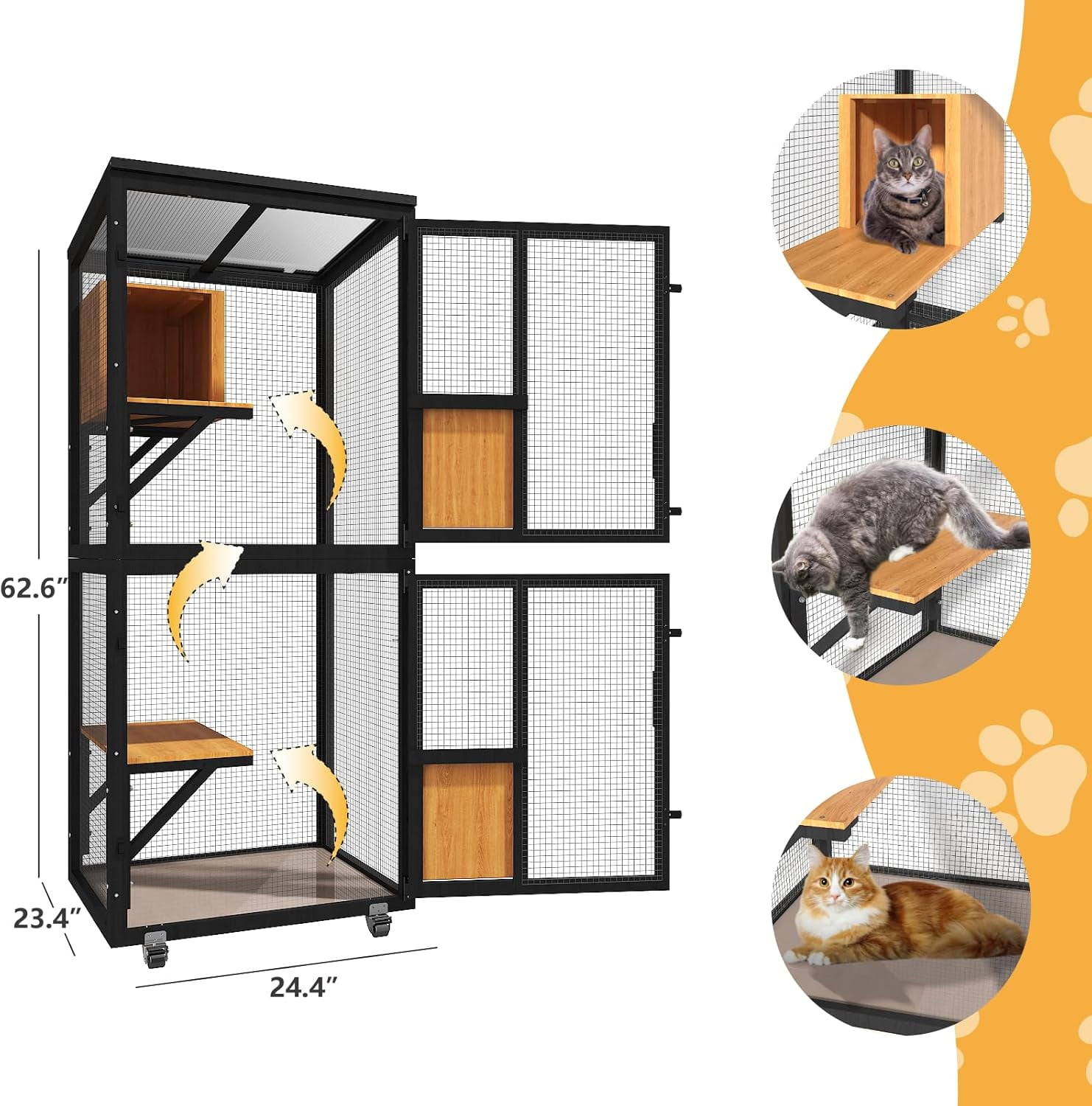 TIMHAKA Outdoor Cat Catio Enclosure, 4 Tiers Indoor Catio w/ Wheels, Resting Box, Waterproof Roof, Black & Yellow