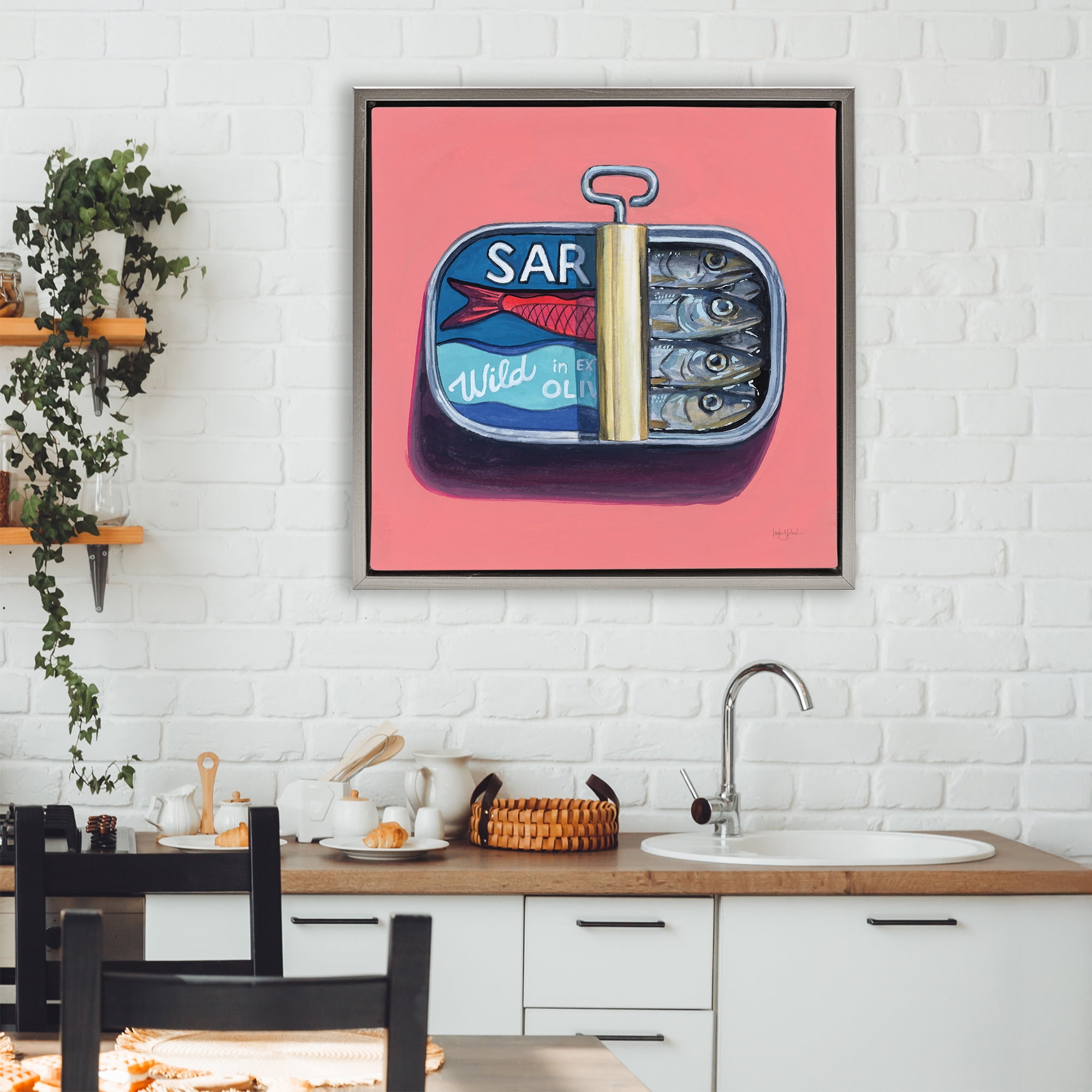 Stupell Industries Wild Sardines on Pink Gray Framed Floater Canvas Wall Art, design by Kate Jarvik Birch