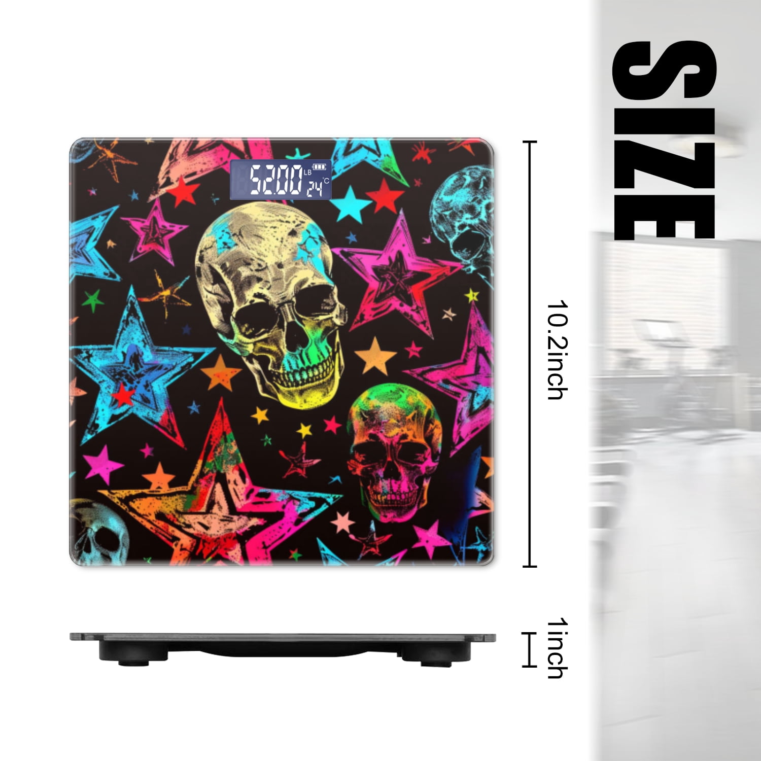 High Precision Body Weight Scale Smart Bathroom Scales with Large LCD Display(400lbs),Decorative for Bedroom-Pattern Of Colorful Stars And Skulls On Black Background