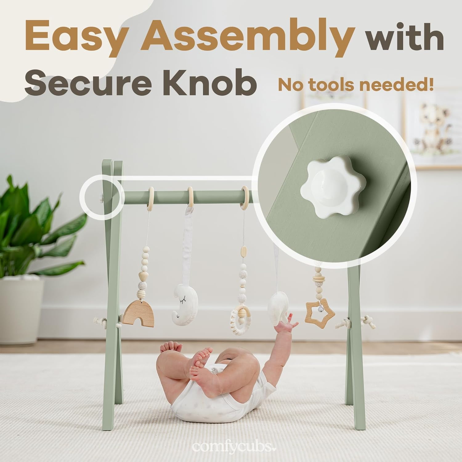 Comfy Cubs Baby Play Gym Set, Wooden Hanging Bar with Gym Toys, Foldable for Infants, Sage