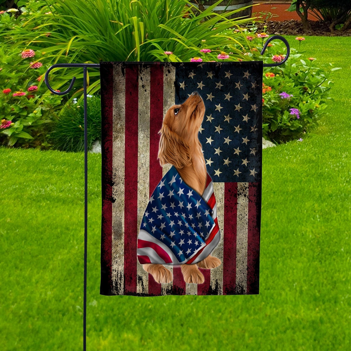 American Flag with Cocker Spaniel Dog stand under the cross Patriot Patriotic 4th of july Garden Flag, Double-Sided Decorative Outdoor Flag, Patriotic Polyester Yard Flag 12 x 18 in