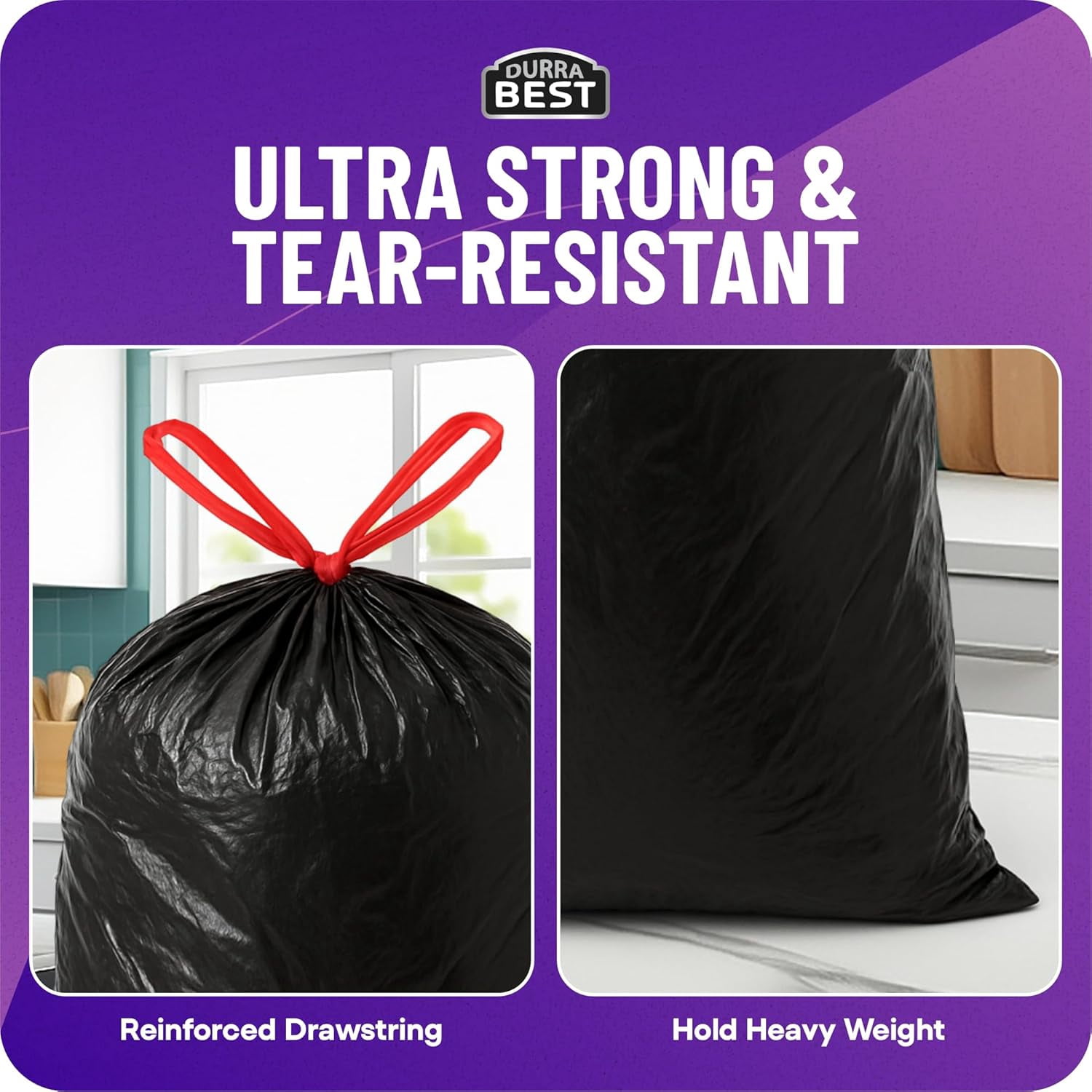 DURRA BEST Heavy-Duty Trash Bags – 120 count, 18 Gallon Black, Ultra Thick Drawstring Garbage Bags – Leak-Resistant for Home & Commercial Use, Big Trash Bags, Made in USA