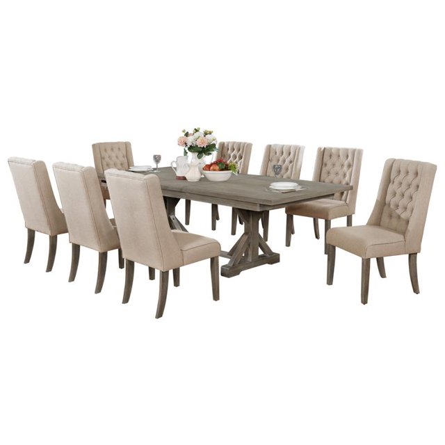 Rustic 9pc Dining Set with Beige Linen Chairs and Extendable Wood Dining Table