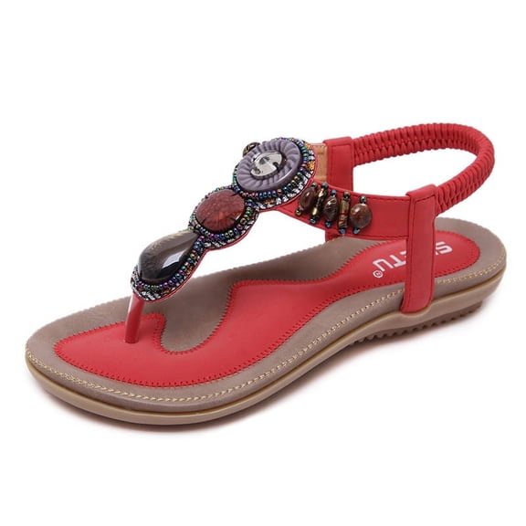 Women's Bohemian Beaded Thong Sandals - Ethnic Style Flat Beach Travel Shoes Plus Size