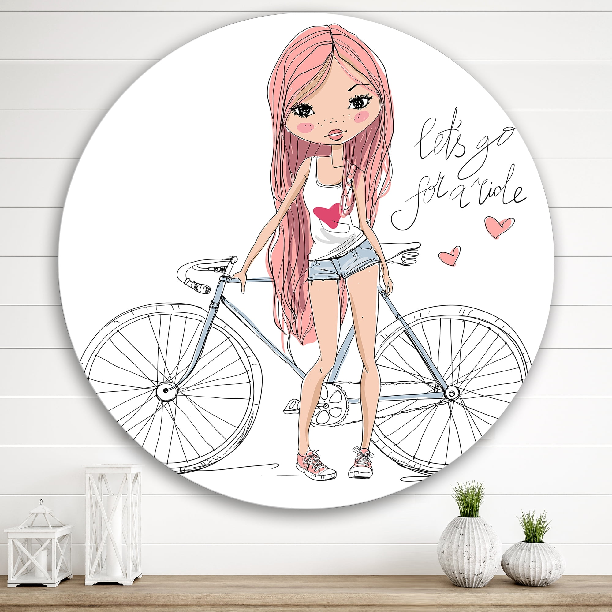 Designart 'Young Woman With Bicycle' Children's Art Circle Metal Wall Art 29x29 - Disc of 29