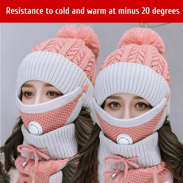 Gorro De Punto De Invierno 3 En 1, Conjunto De Bufanda Con Cubierta Facial Con Valor Transpirable, Resistente Al Viento, Forro Polar Cálido Con Pompón Para Mujeres, Niñas, ANGGREK Warm Knitted Hat Scarf Set