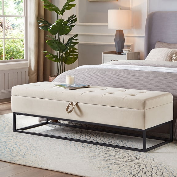 YIYADO 58.6-Inch Bedroom Bed Stool with Storage, Button-Tufted Velvet Storage Stool with Metal Base Beige