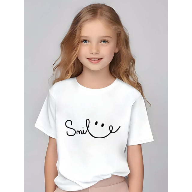 Girls' Summer Fashion Short Sleeve T-Shirt, Casual Crew Neck Knit Top with "Smile" Print,Cotton 100% Medium Stretch, Regular Fit for Spring/Summer