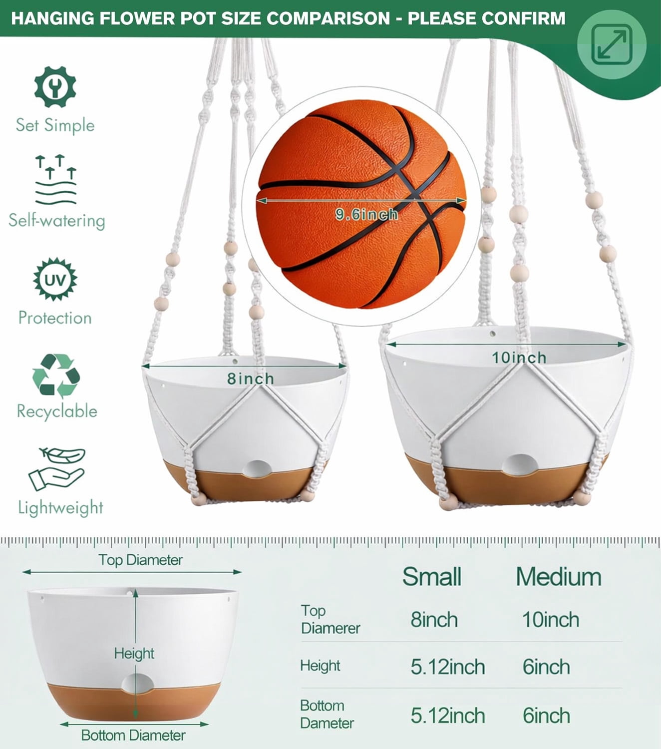 Diigabo 3-Pack 8-inch Self-Watering Hanging Planters with Macrame Hanger Indoor Plastic Plant Pots with Drainage Hole&Saucers Flower Baskets for Outdoor Garden Home Ceiling Decor(Multi-color)