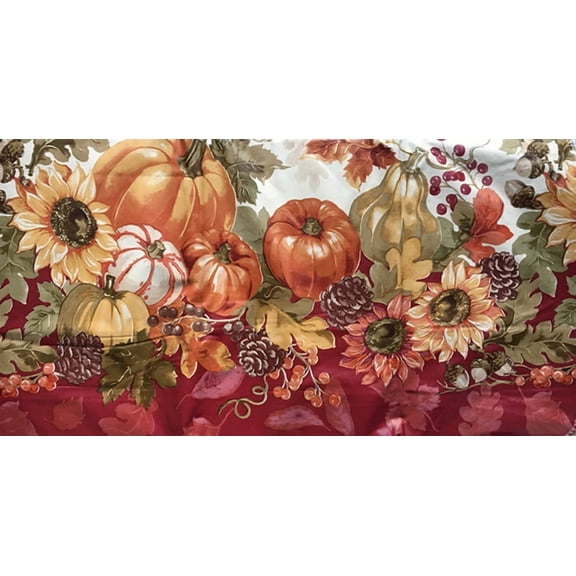 Fall Autumn Leaves Pumpkins Sunflowers Border Flannel Backed Vinyl Tablecloth ( 52x70 Oblong )