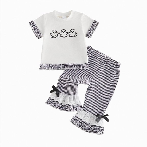 HCNTES Baby Girl Clothes Toddler Baby Girl Halloween Clothes 6 12 18 24 Month 2T 3T 4T Pumpkin Ruffled Trim Crew Neck Short Sleeve Tops and Plaid Pants 2 Pcs Outfit Set